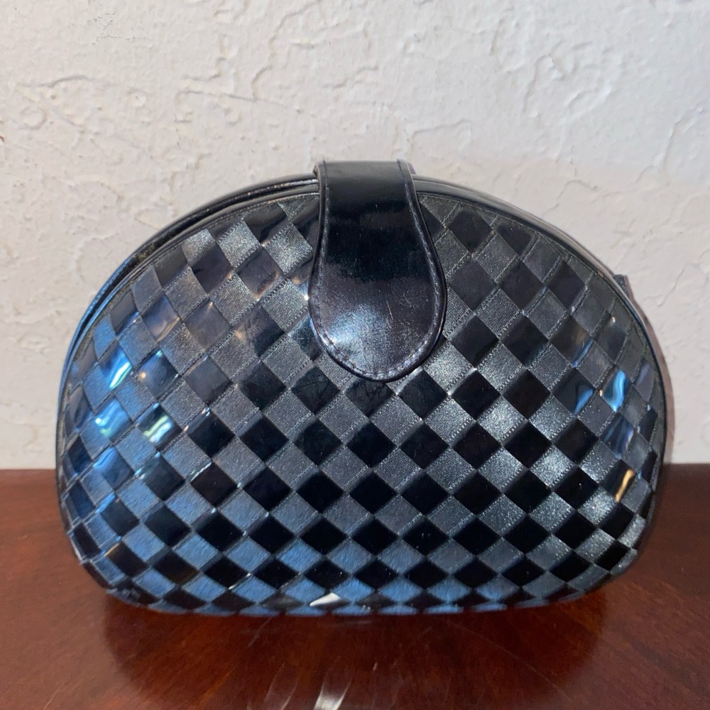 Vintage 1980's Small Black Woven Patent Leather Clutch Box Bag Crossbody Strap - Picture 2 of 10